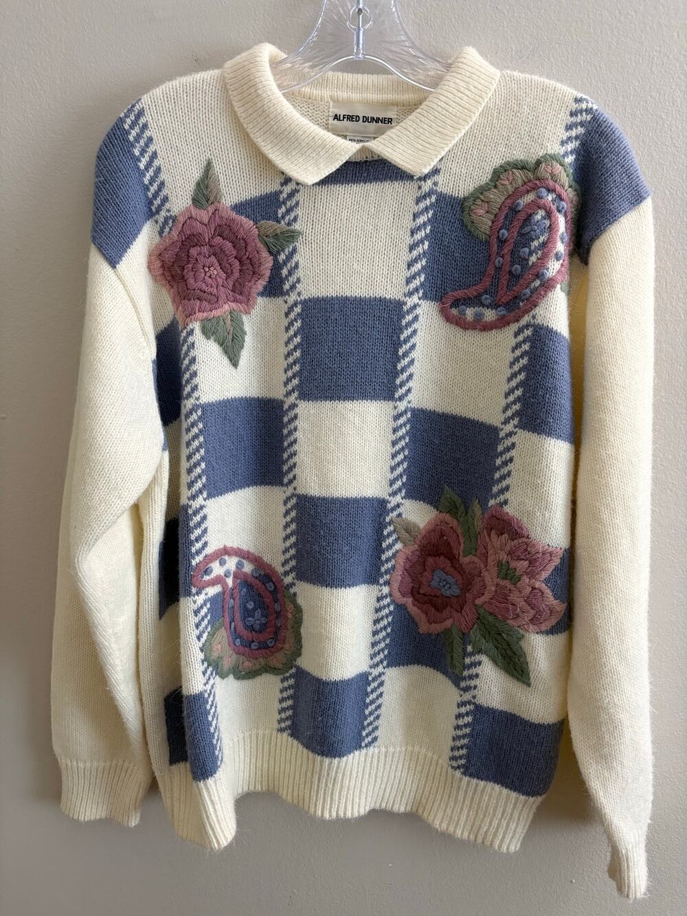 VTG Alfred Dunner Women’s L Blue Checkered Floral Embroidered Polo Sweater